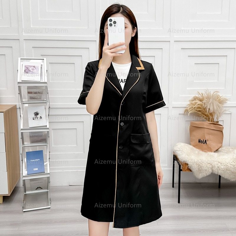 Medical Lab Coats - Schwarze Schönheitsuniform mit Kosmetikerin-Robe, Damen-Salon, Laborkittel,